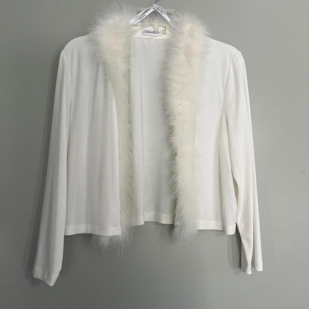 Calvin Klein White Feather Trim Open Front Shrug Bolero Sz L y2k coquette glam
